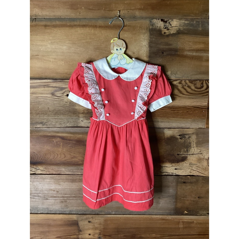 Vintage Apron Style Coral Pink Girls Dress Sz 3 Ric-Rac Trim White Peter Pan